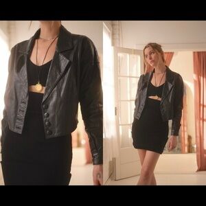 80s/90s Crop Leather Jacket Moto Button Up Boxy Grunge Oversize Small Medium